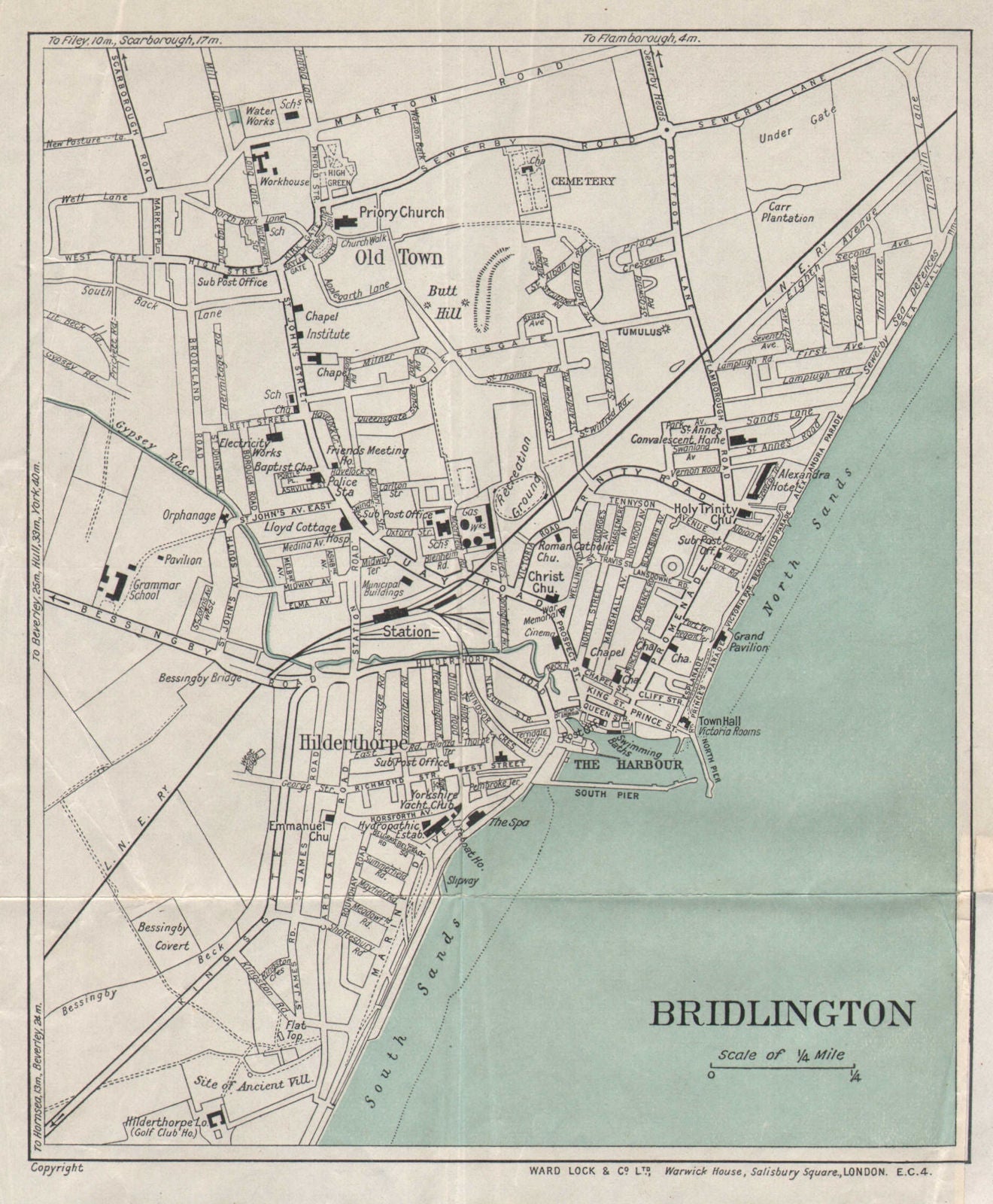 BRIDLINGTON vintage tourist town city plan. Yorkshire. WARD LOCK 1935 old map